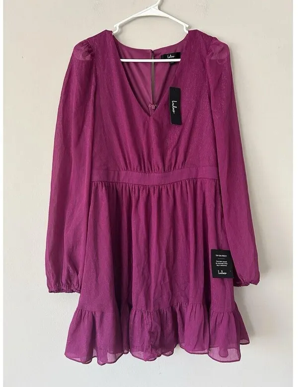 Lulus New Purple Magenta Metallic Sheer Long Sleeve Mini Dress Size Medium Party - Image 13