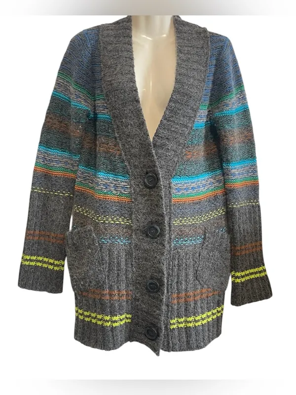 Free People Gray Striped Shawl-Collar Cardigan with Teal and Lime Accents - Image 3