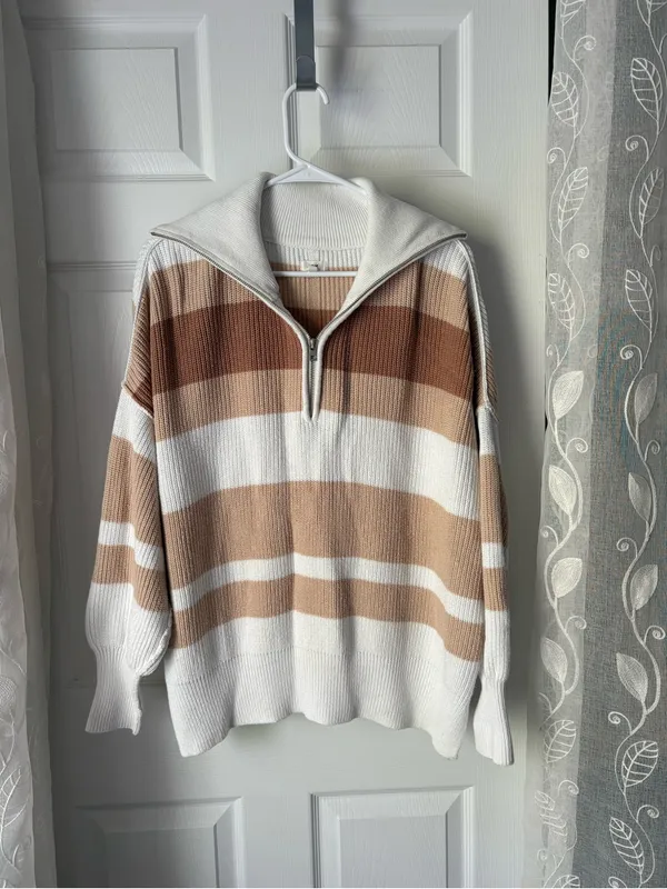 Aerie Beyond Neutral Stripe Knit Oversized Slouchy 1/4 Zip Pullover Sweater S - Image 2