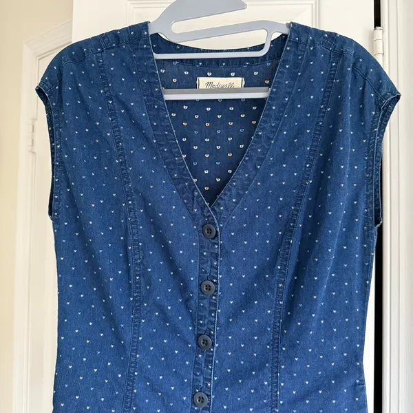 Madewell Indigo Denim Cap Sleeve Button-Down Dress, Embroidered Hearts, Size 2 - Image 4