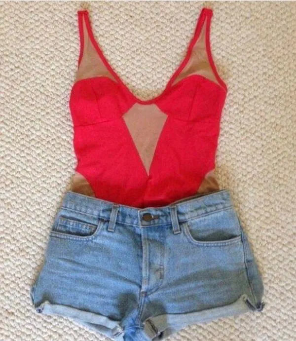 RED AND NUDE BODYSUIT TOP - Image 2
