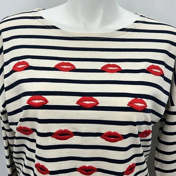 J Crew striped embroidered lips long sleeve oversized top - Image 2