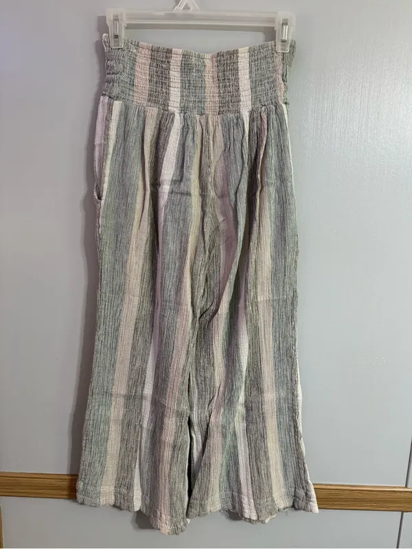Free People Cotton Striped Wide Leg Pants in Pastel Green, Black & Cream Size XS - Image 2