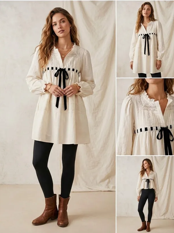 Free People Ivory Mini Dress with Black Ribbon Accent - Image 3
