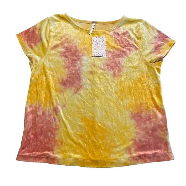 Free People Velvet Top Women Large Yellow Tie Dye Boho Short Sleeve OB1075881 - Image 2