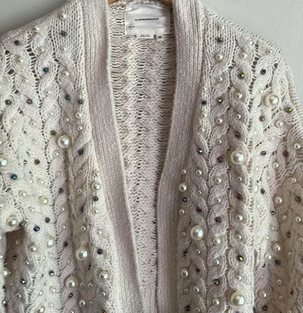 Anthropologie Embellished Pearl Open Cream Cardigan - Image 4