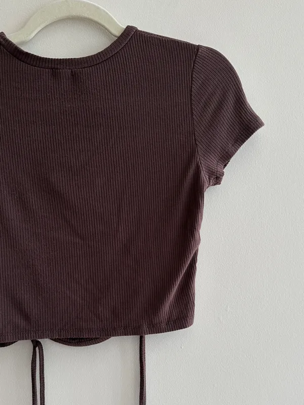 Garage Ribbed Cropped Tie Front Top, Casual Going Out Top, Brown, Size Medium - Image 10