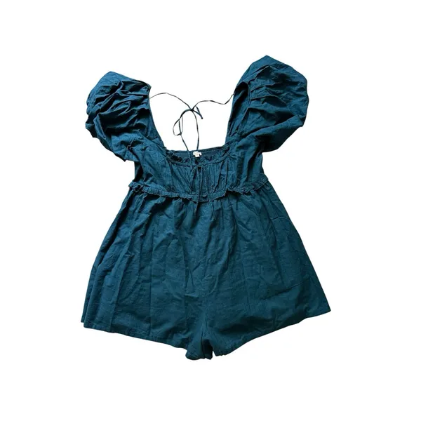 Anthropologie Pilcro Puff-Sleeve Babydoll Romper Playsuit XL Blue Cotton Ruffle - Image 3