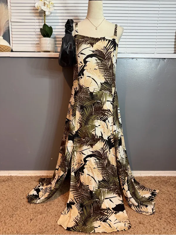 Serendipity Maui Tropical Maxi Dress Size L Rayon Palm Print Resort Boho - Image 2