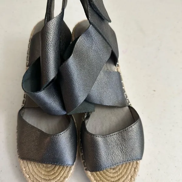 Eileen Fisher Wedge Sandals Pewter 5.5 Women Espadrille Platform Metallic Lthr - Image 11