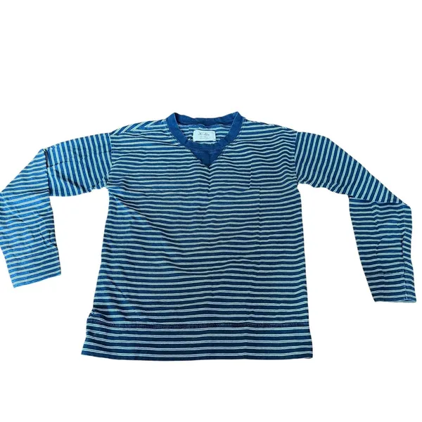 Vintage Hi-Line Size S Vneck Henley‎ Blue Stripe Oversized Cotton Long Sleeve - Image 8