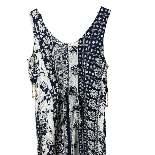 Dawn Joy Fashions Vintage Navy White‎ Batik Beaded Fringe Midi Dress USA Made - Image 7