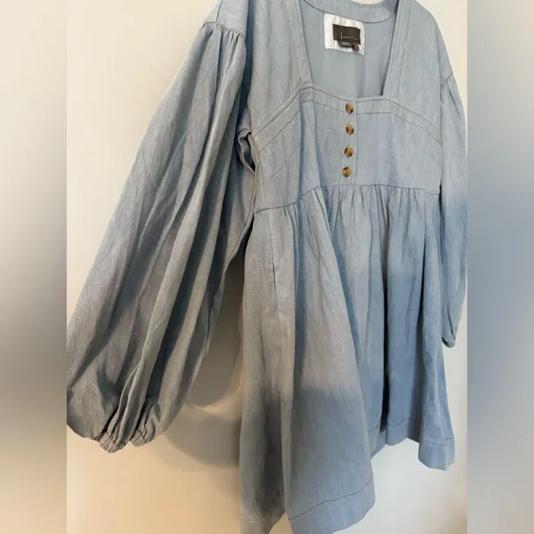By Anthropologie Long-Sleeve Square-Neck Denim Mini Babydoll Dress Size M NWOT - Image 5