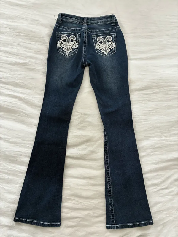 BAMBOO Dark Indigo Flare Jeans with White Embroidered Back Pockets - Image 2