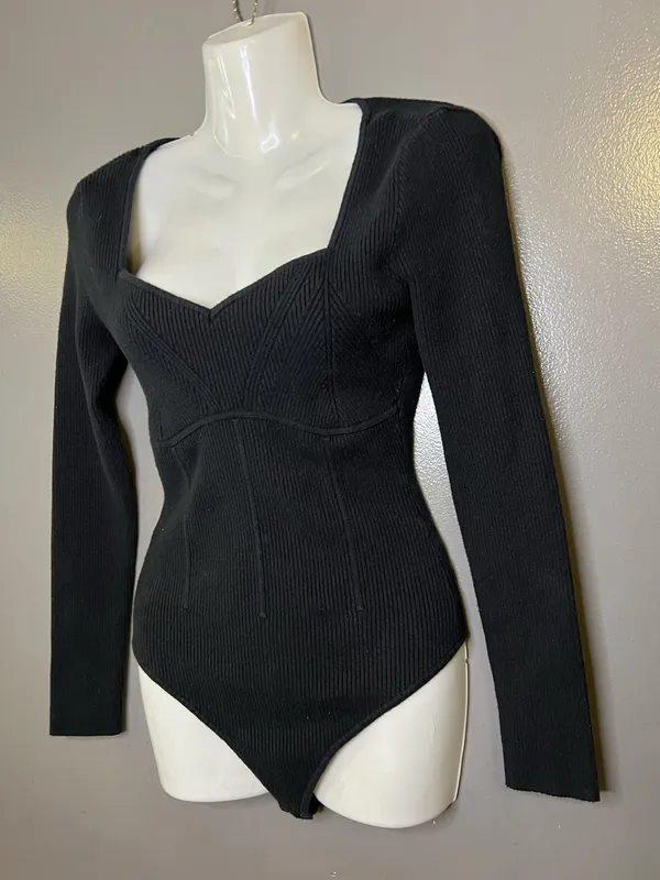 Abercrombie & Fitch Bodysuit Womens Medium Black Sweetheart Neck Long Sleeve - Image 4