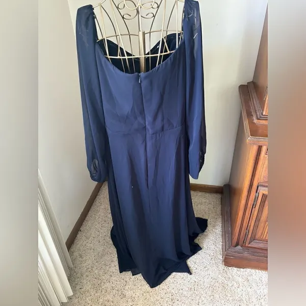Dessy Collection Vivian Diamond Navy Maxi Dress Off Shoulder Puff Sleeve 14 - Image 16
