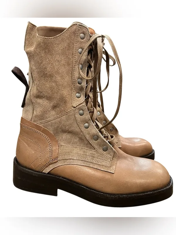 Free People We The Free Jesse Lace-Up Combat Boots Taupe Leather & Suede Size 9 - Image 3