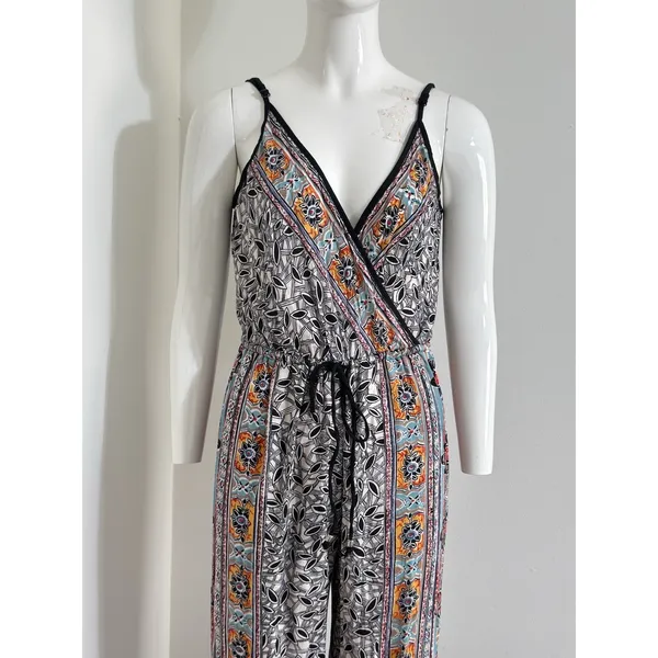 Angie Women’s Boho Wide Leg Jumpsuit Black Orange Spaghetti Strap Festival M - Image 3