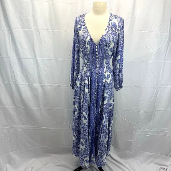Z&L Boho Paisley Maxi Dress Small Smocked Waist Button Front Purple Green Resort - Image 2