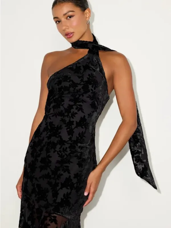 Lulus Alis Black Velvet Burnout One-shoulder Sash Midi Dress - Size L - Image 5