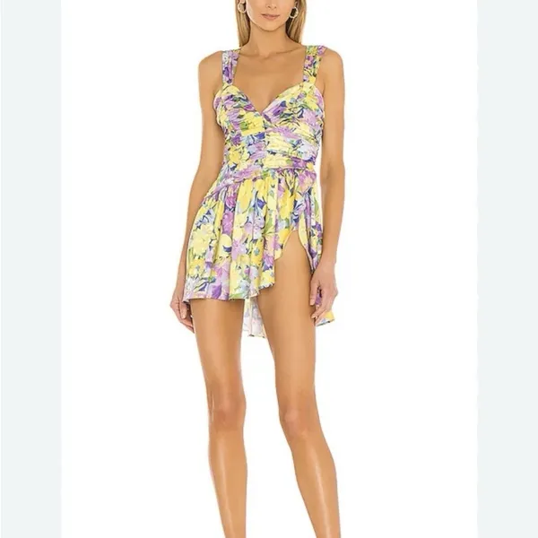 For Love And Lemons Floral Cassia Mini Dress Lemon Asymmetrical Bodysuit XXS - Image 14