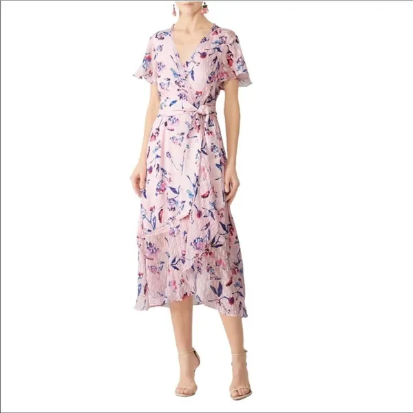Tanya Taylor Blaire Pink Floral Silk Ruffle MIDI Dress Faux Wrap Flowers v6x - Image 6