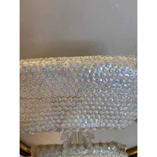 Glamorous White Beaded Sequin Clutch Evening Bag Formal Purse Fine Arts Bag - Image 9