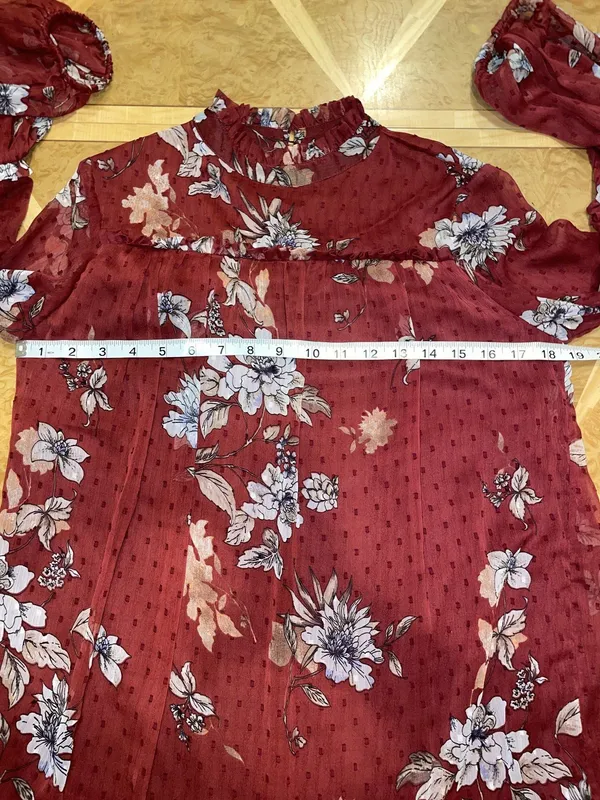 Japna Red Floral Boho Semi Sheer Ruffle Neck Long Sleeve Shift Dress Size Small - Image 9