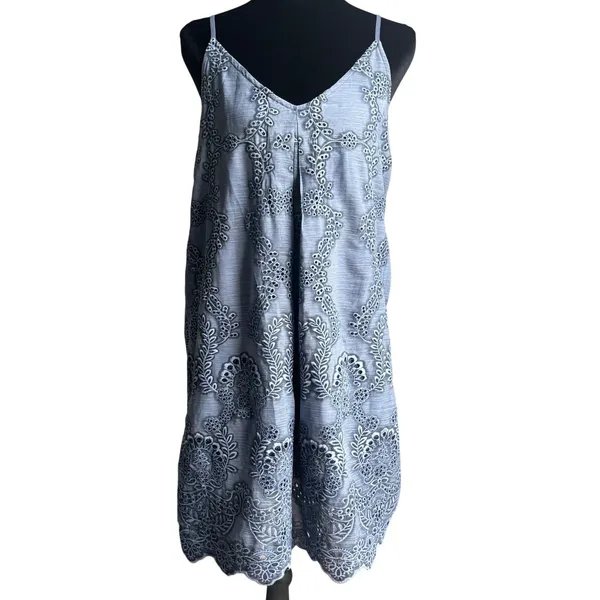 Entro Blue Floral Embroidered Eyelet Mini Dress V-Neck Dark Fairy Whimsigoth S - Image 3