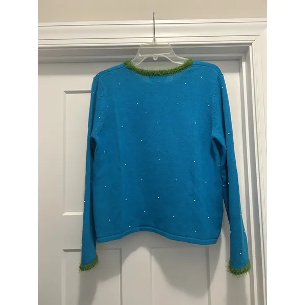 Mandal Bay Women’s Blue Sweater Size Small Christmas Elf Tree Whimsy Teacher - Image 5
