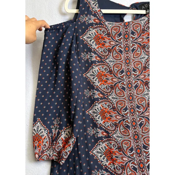 AUW Cold Shoulder Shift Dress Size 12 Navy Orange Paisley Boho 3/4 Sleeve 459477 - Image 4
