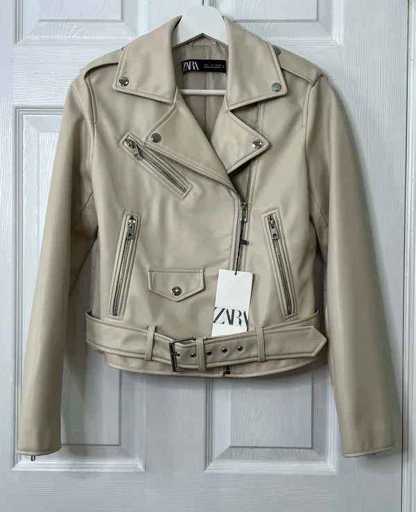 Zara Faux Leather Moto Jacket Biker Belted Streetwear Cream Ivory Size S - Image 2