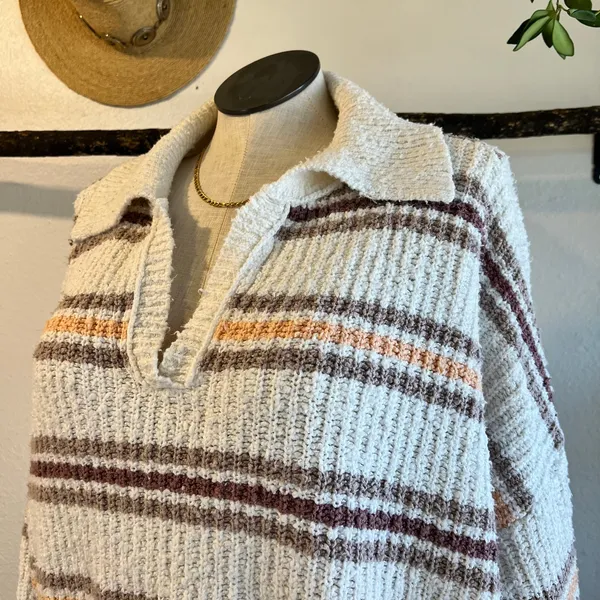 Free People Kennedy Striped Collared Cropped Chunky Knit Sweater Size Large - Image 3