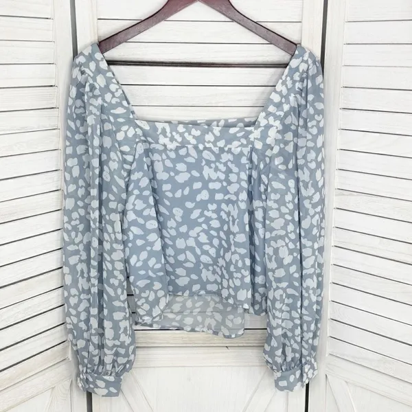 Lucca Petal Print Square‎ Neck Crop Blouse Blue White Large Long Balloon Sleeve - Image 8