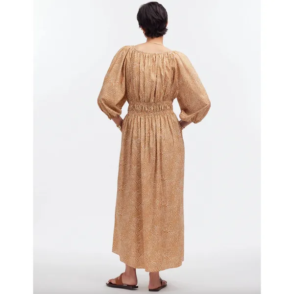 Madewell V Neck Balloon Sleeve Maxi Dress Spiral Dot Tan Smocked Boho US 00 NWT - Image 4
