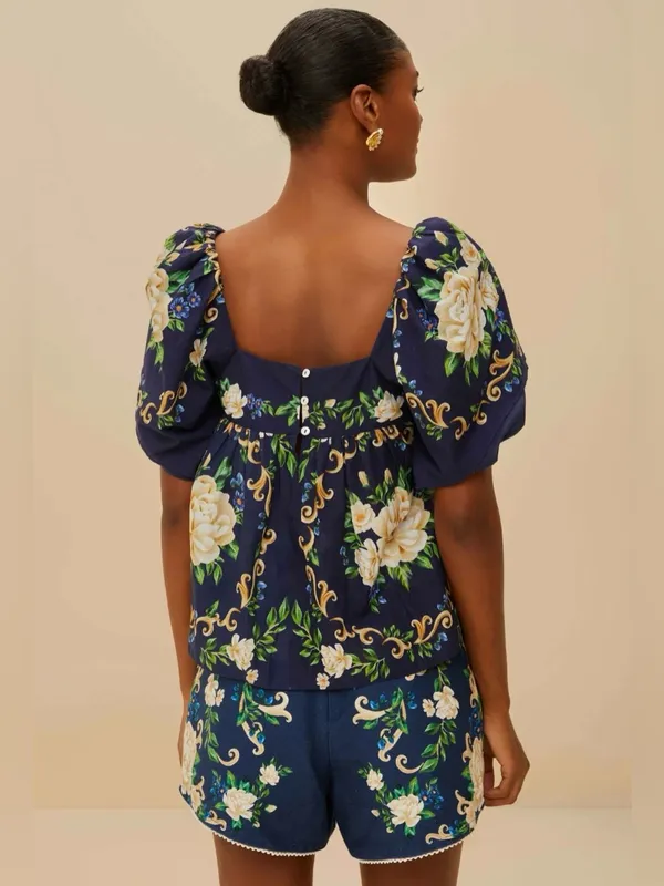 Farm Rio FLOWER TAPESTRY BLUE FLOWERED YOKE BLOUSE Size XSmall - Image 2