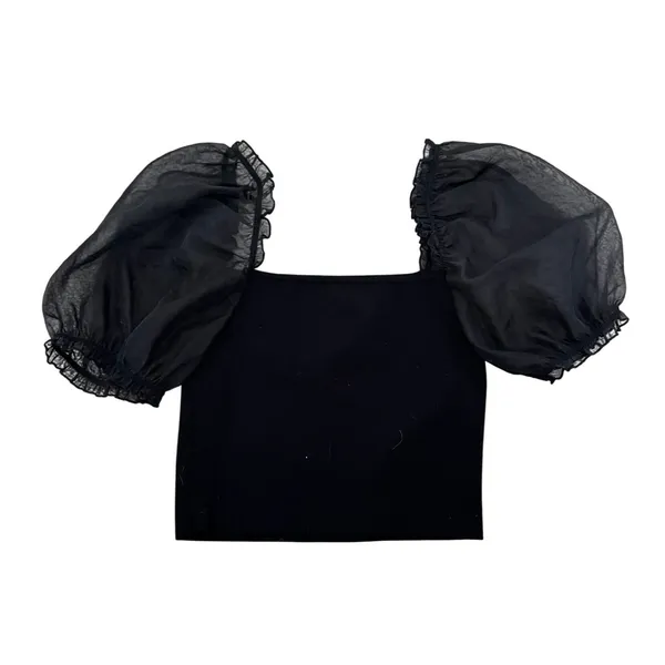 Wilfred‎ Aritzia Black Organza Puff Sleeve Square Neck Knit Top M - Image 3