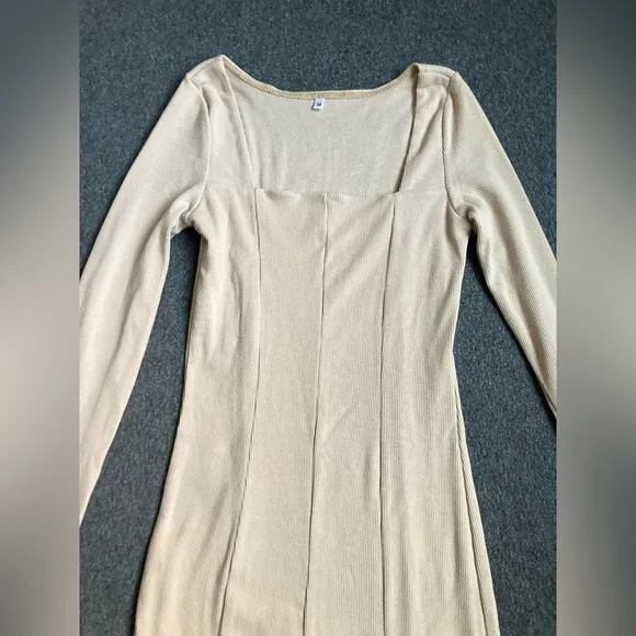Stylish Beige Knit Mini Dress, Long Sleeve Square Neck A‎ Line Casual Size XS - Image 2