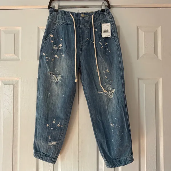 Free People Pacific Blue Paint Splatter Distressed‎ Denim Joggers XS NWT - Image 3