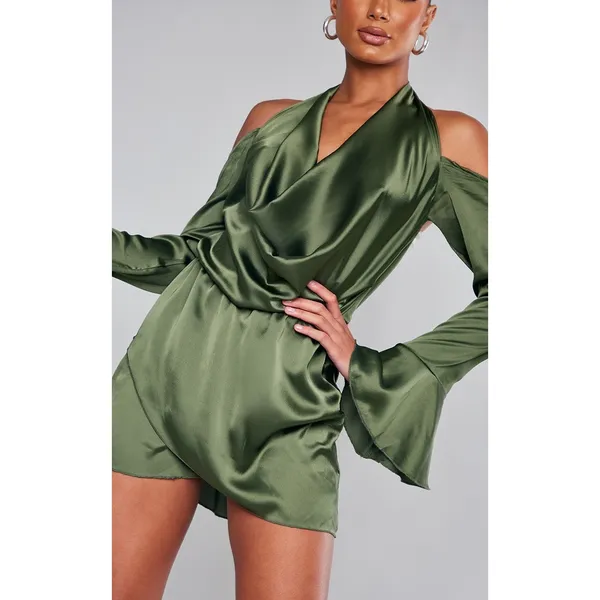 New PRETTYLITTLETHING Khaki Satin Cowl Cold Shoulder Bodycon MiniDress‎ Green 4 - Image 5