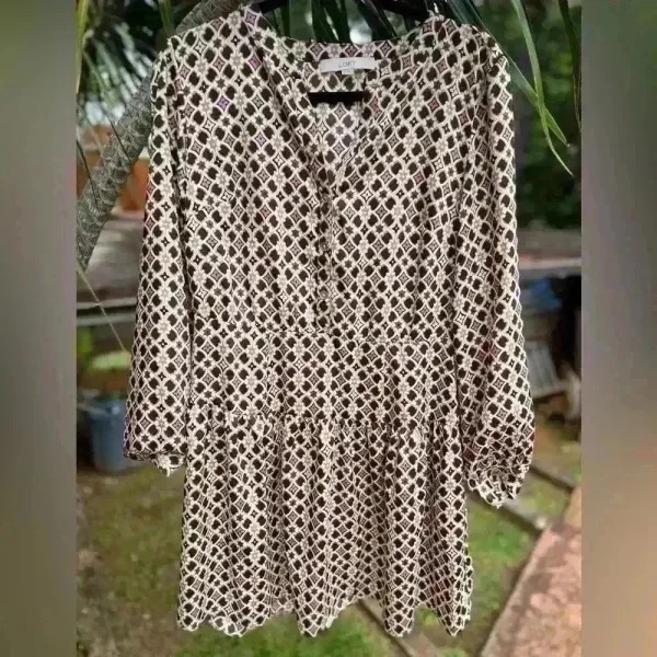 Loft by Ann Taylor Geometric‎ Floral Long Sleeve Mini Dress Brown Pink Retro - Image 2