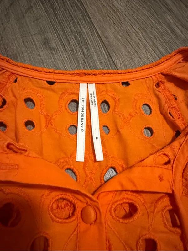 Anthropologie Bright Orange Eyelet Puff-Sleeve Peasant Blouse - Image 2