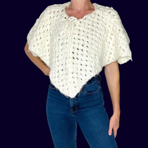 Vintage Handmade Women/Kids Cream White Crochet Poncho Shawl - Image 2