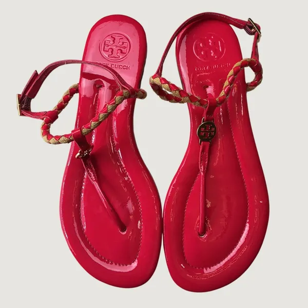 Tory Burch Miller Braided Pink Patent Leather Thong Ankle Strap Sandals 6M - Image 6