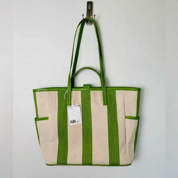 NWT & OTHER STORIES Green Canvas Leather Trim Large Tote Bag - Image 8
