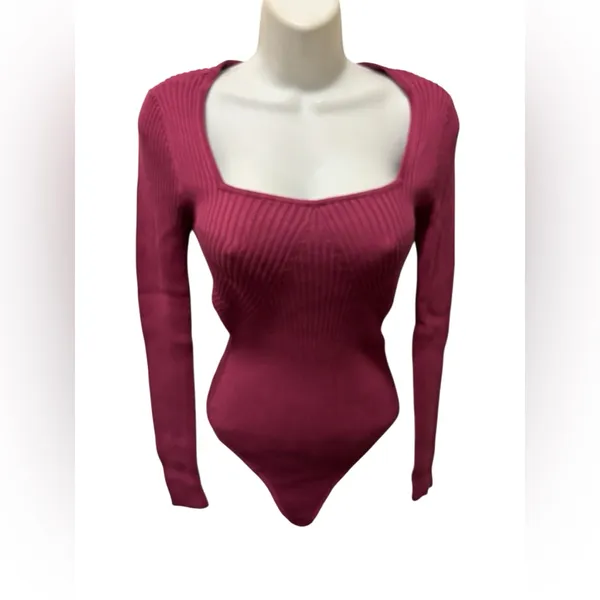 Abercrombie & Fitch Fuchsia Rib Knit Sweater Bodysuit Sz M LS Clean Girl Casual - Image 2