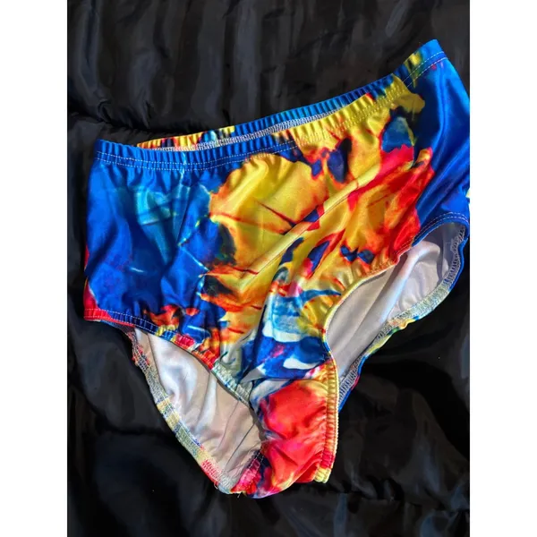 High Waisted Tie Dye Dance Briefs Blue Yellow Red Psychedelic Festival Bottoms - Image 2