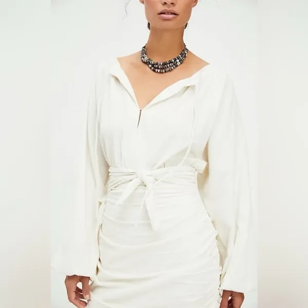 Free People Mini Dress XS Cream Gauzy‎ Boho Peasant Ruched Buttons Neutral NWT - Image 3