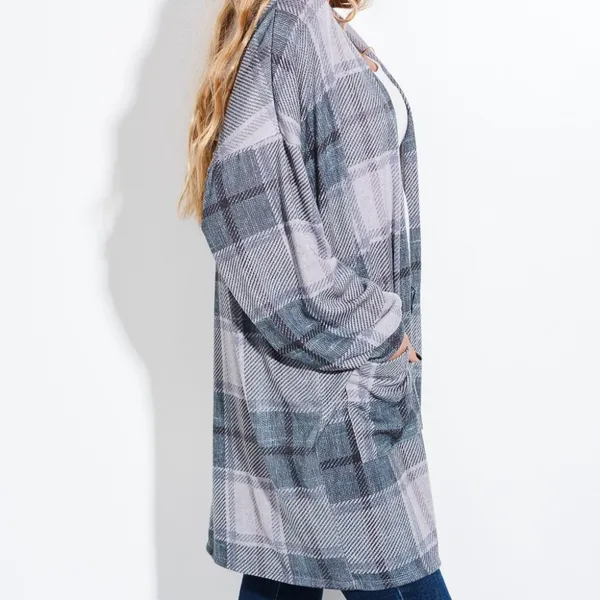 Boho Chic Plaid Rustic Green Pockets Loose fit Open Cardi Cuff Sleeve Duster - Image 6