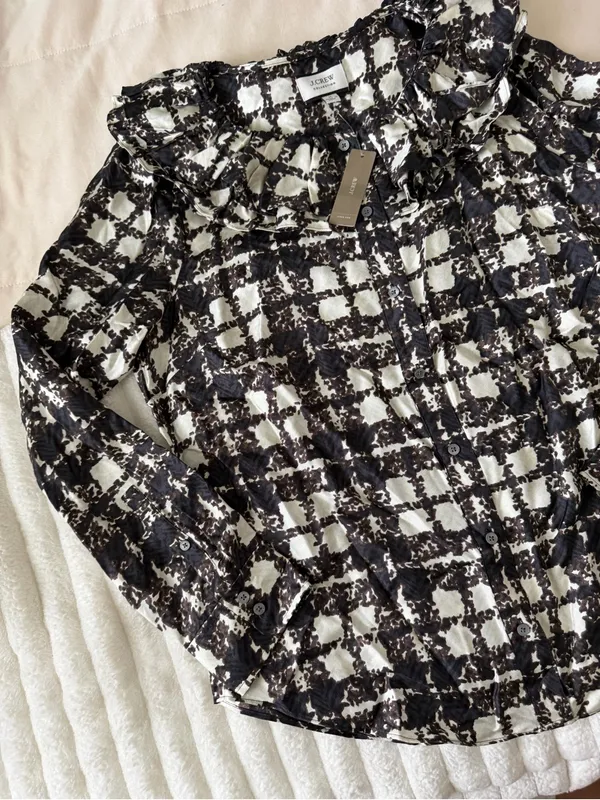 NWT J. Crew Black & White Plaid Ruffle Collar 100% Silk Blouse - Image 2